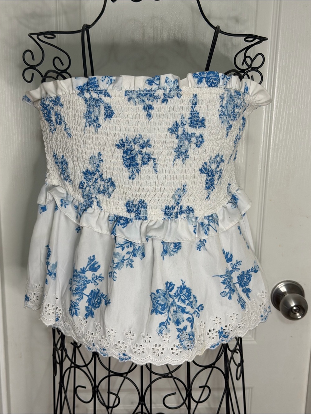 Blush White Strapless Smocked Tank with Blue Floral Print